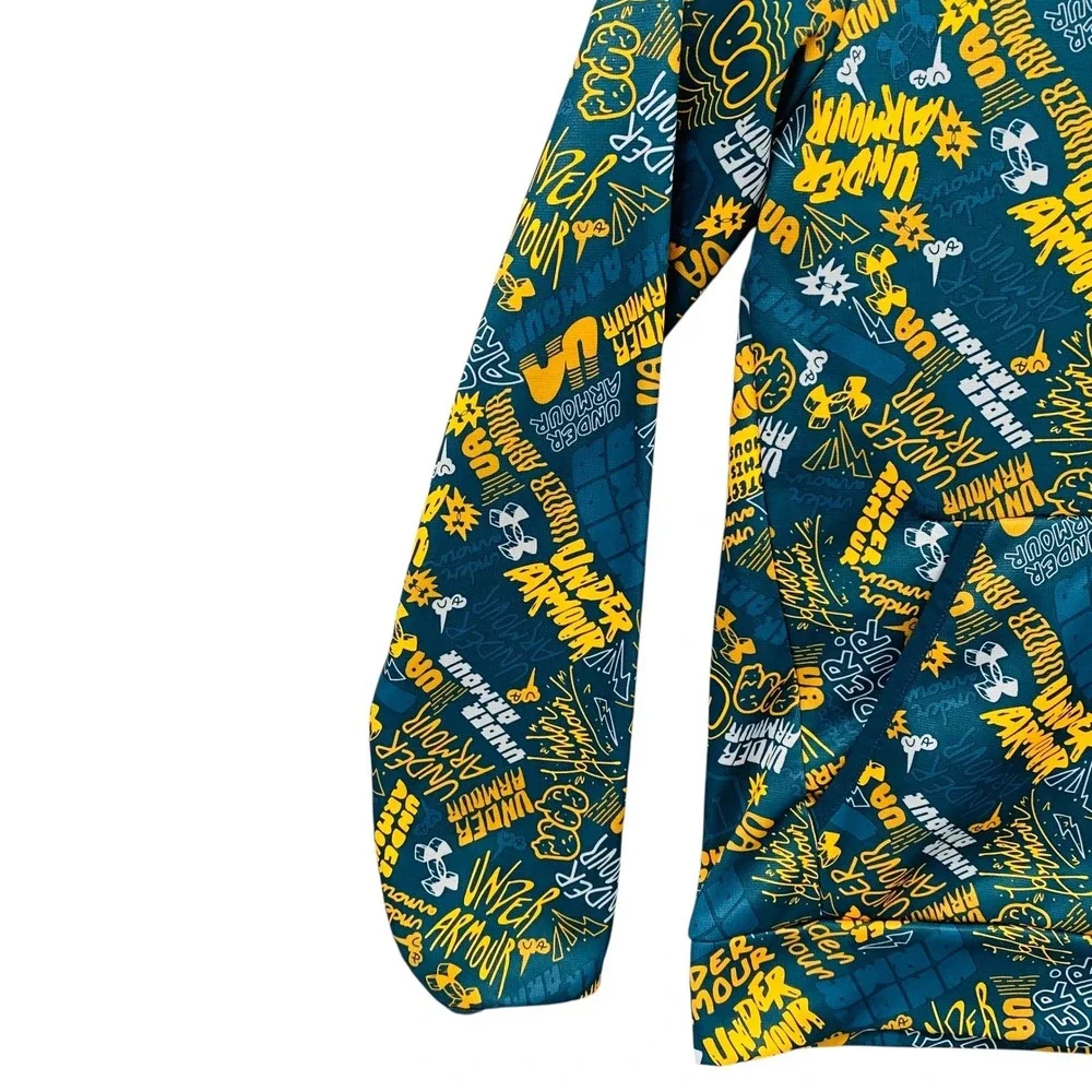 Under Armour Youth Hoodie Graphic Print‎ Teal Yellow Pullover Hooded Sweatshirt